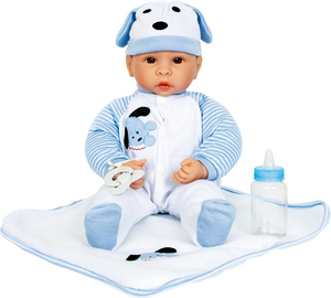 Élethű játék baba fiú - kék kutyás babaruhában - Peter