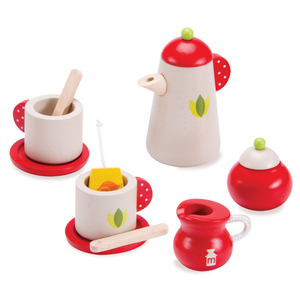 Fa játék teáskészlet piros-fehér színben játékkonyhákhoz