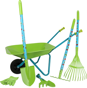 Zöld színű gyerek talicska szerszámkészlettel - 7 részes szett - Small Foot kerti játék